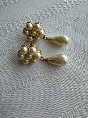 Vintage Napier Faux Pearl Drop Clip Earrings Gold Tone